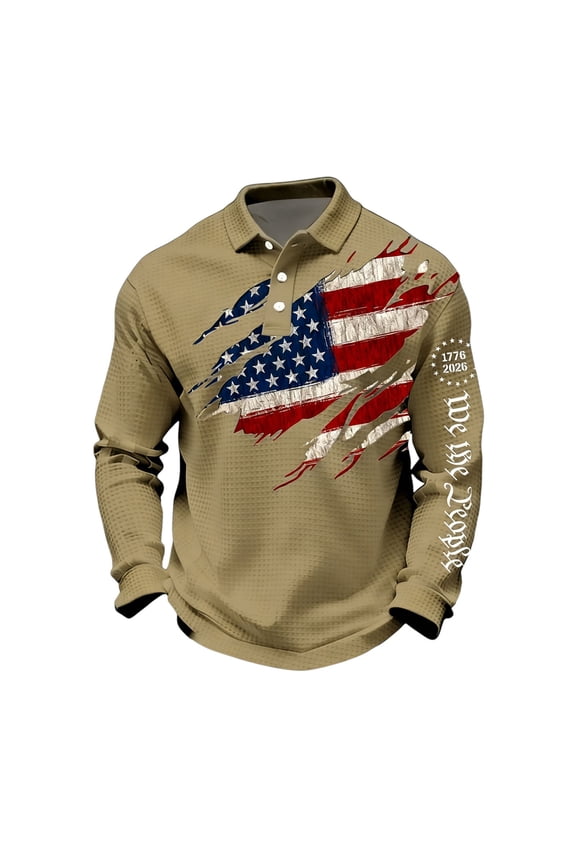 Men's 1776-2026 250 Anniversary USA Shirt 4th of July Patriotic Graphic Tees Waffle Long Sleeve Polo Shirts