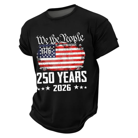 250 Years American Celebration Tee Men's Retro National Flag Printed Short Sleeve Patriotic Holiday Top Black 2XL