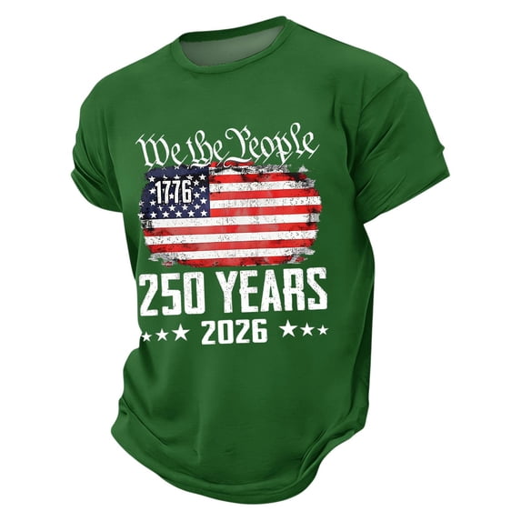 250 Years American Celebration Tee Men's Retro National Flag Printed Short Sleeve Patriotic Holiday Top Green L