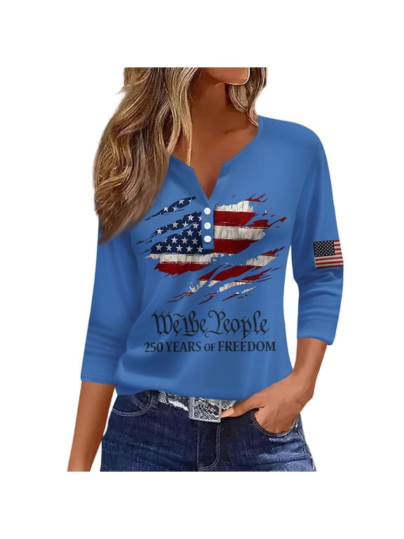 250 Years American Flag 250th Anniversary USA T-Shirt 1776-2026 3/4 Length Sleeve Button Down Patriotic Shirts