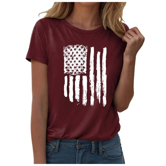 Women's Independence Day Flag Printed Short Sleeve Crewneck T-Shirt Fashion Casual Breathable Tees Quick Dry Soft Shirt Wine,2XL