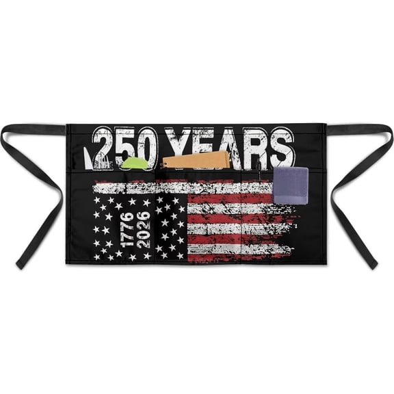 250 Years American Flag Server Waist Apron, 3 Pockets Half Apron with Patriotic USA Flag Print for Restaurant, Barista & Food Service