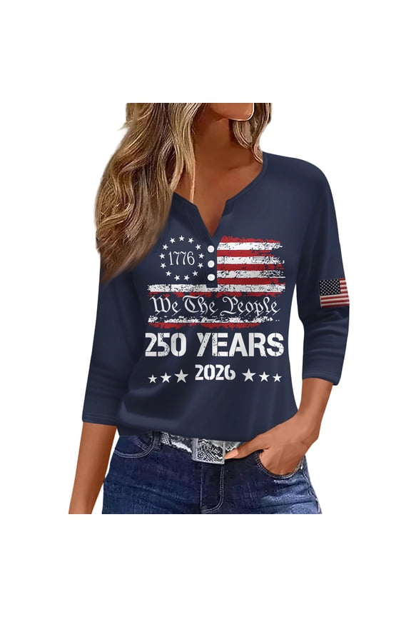 250 Years American Flag T Shirt Women 250th Anniversary USA 3/4 Sleeve V Neck Button Henley Tops