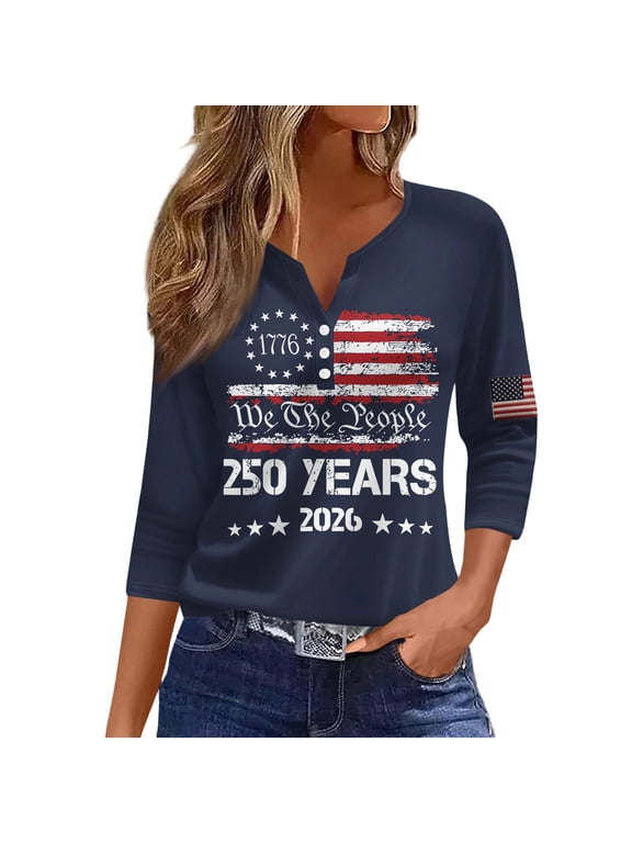 250 Years American Flag Women's Henley Shirt 1776-2026 USA 250th Anniversary 3/4 Sleeve V Neck Button Down Tee