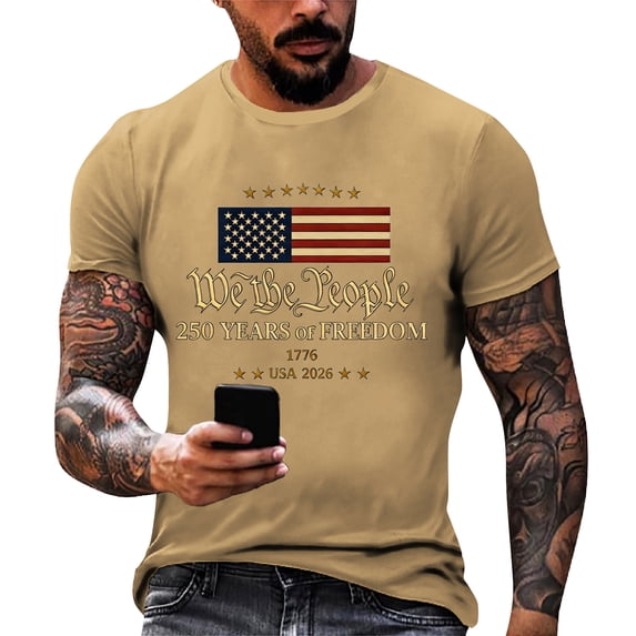 250 Years American Shirt for Men American Flag T Shirt 4th of July Shirts 250 Years Birthday Tees 1776-2026 Print Tops Earthy Yellow L