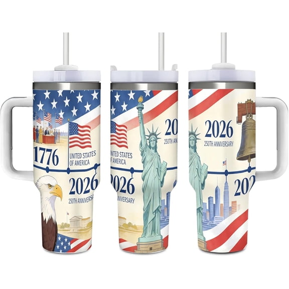 250 Years Anniversary 40 Oz (1200 ml) Insulated Coffee Tumbler with Handle, Patriotic Reusable Stainless Steel Travel Mug Cup with Straw Lid for Women Men Party Birthday Gifts