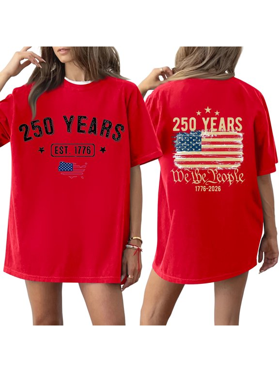 250 Years Anniversary Graphic T Shirt Short Sleeve Crewneck Loose Fit Tee with American Flag Print for Women Men Unisex Casual Top Red XL