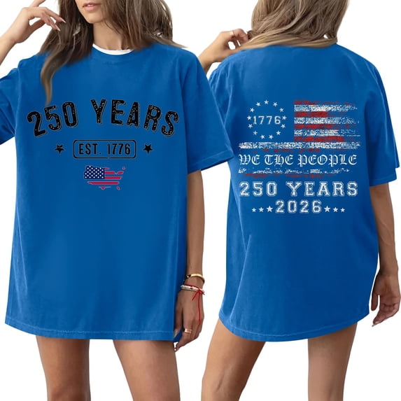 250 Years Anniversary Short Sleeve T Shirt Loose Fit Crewneck Tee with Printed Graphic Front and Back Design for Women Men Blue 2XL