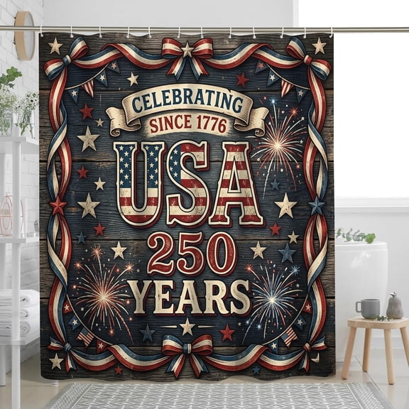 250 Years Anniversary Shower Curtain 72 Inch, Vintage American Wood Theme Bathroom Decor, Patriotic Printed Accessories Polyester Fabric