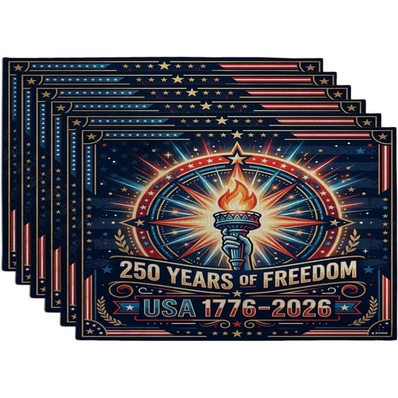250 Years Anniversary Torch Placemats Set of 6, 12x18 Inch, Retro American 6Pcs Washable Table Mats for Dinning, Patriotic Seasonal Party Home Kitchen Decor