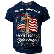 250 Years of Blessings T-Shirts for Men 1776-2026 Cross American Flag Print Patriotic Regular Fit Short Sleeve Crewneck 4th of July Casual Tees, #02 Navy, L