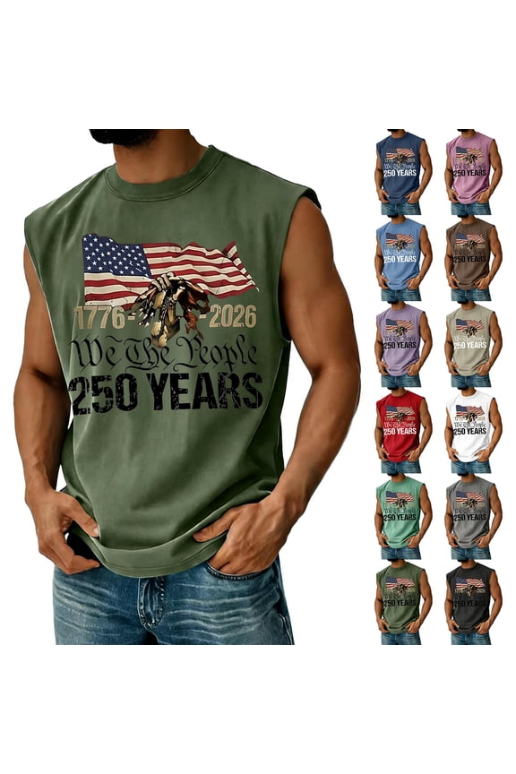 250 Years" Bold Header Muscle Tank with Eagle Clutching American Flag and "1776-2026" Date Box, Sleeveless Design for Gym or Casual Wear Black XL
