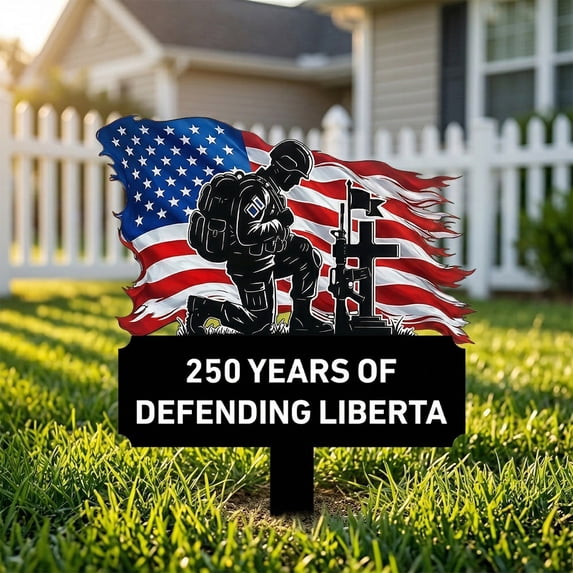 250 Years of Defending Metal Garden Stake,Durable Iron Patriotic Yard Sign with Flag,250th Anniversary Independence Day Memorial Metal Plaque for 4th of July Outdoor Garden Decor,11.82"x9.53"