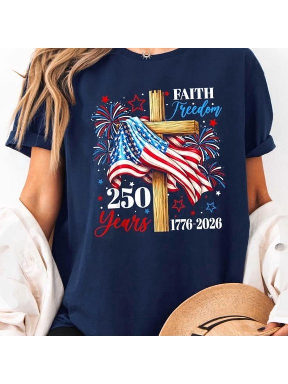 250 Years Faith Freedom Christian USA Flag Cross T-shirt Sizes S-5XL