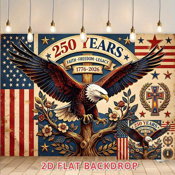 250 Years Faith Freedom Legacy Backdrop 1776-2026 American Eagle Cross Photography Background Retro US Flag Themed Banner for 4th of July Patriotic Party National Day Celebration