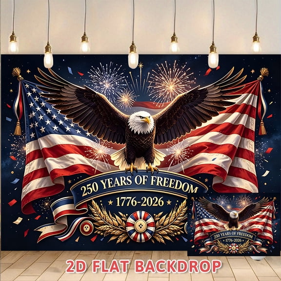 250 Years of Freedom 1776-2026 Patriotic Backdrop, American Flag Bald Eagle Fireworks Design Banner, Ideal for Independence Day Celebrations, National Day Events