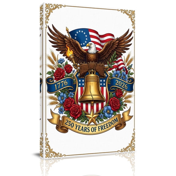 250 Years of Freedom Canvas Wall Art for Living Room, Bald Eagle Bell Flower American Flag Poster Print Painting for Bedroom Office Home Decoration Wall Pictures Prepare To Hang 8"x12"