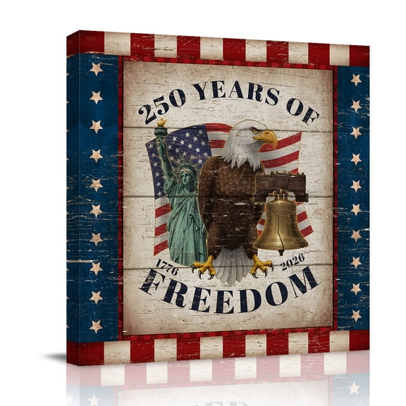 250 Years of Freedom Canvas Wall Art for Living Room, Patriotic Bald Eagle Star Stripe Wooden Poster Print Painting for Bedroom Office Home Decoration Wall Pictures Prepare To Hang 16"x16"