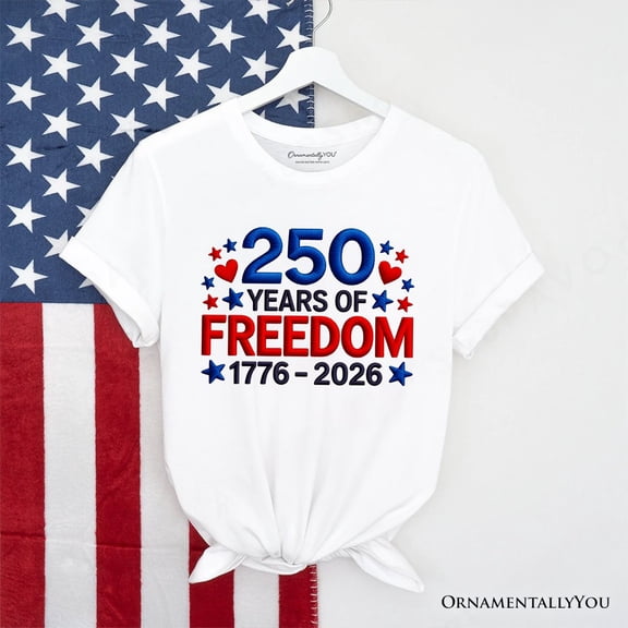 250 Years Freedom Faux Varsity Patch T-Shirt, 4th of July USA Patriotic 1776–2026 Tee
