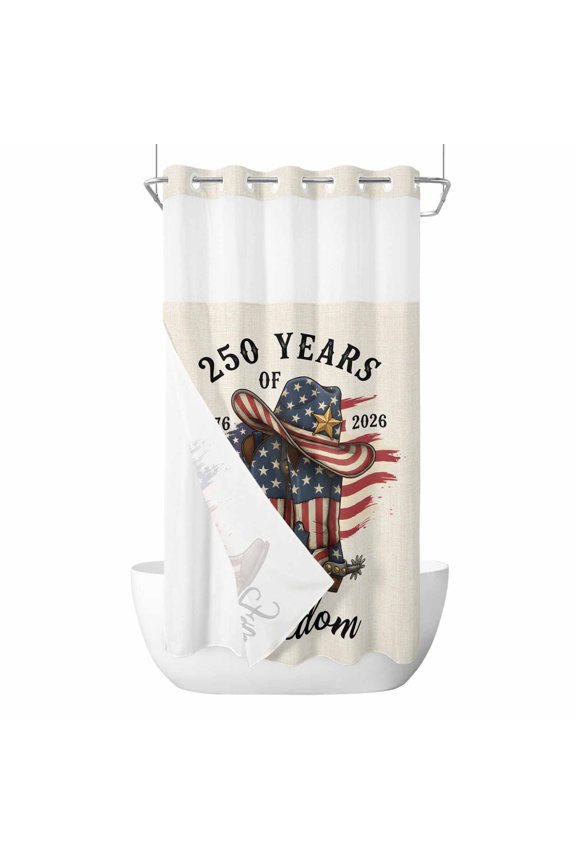 250 Years of Freedom No Hook Shower Curtain with Snap in Liner, Independence Day Patriotic Boots Hat Retro Waterproof Shower Curtains with See Through Top Window Liner for Bathroom, 36x72 Inches