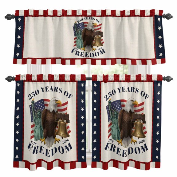 250 Years of Freedom Kitchen Curtains Valances 3 Piece Set, Independence Day Bald Eagle Star Stripe Rod Pocket Tier Curtain and Valance Drapes for Small Window 36 Inch Length for Bedroom Cafe