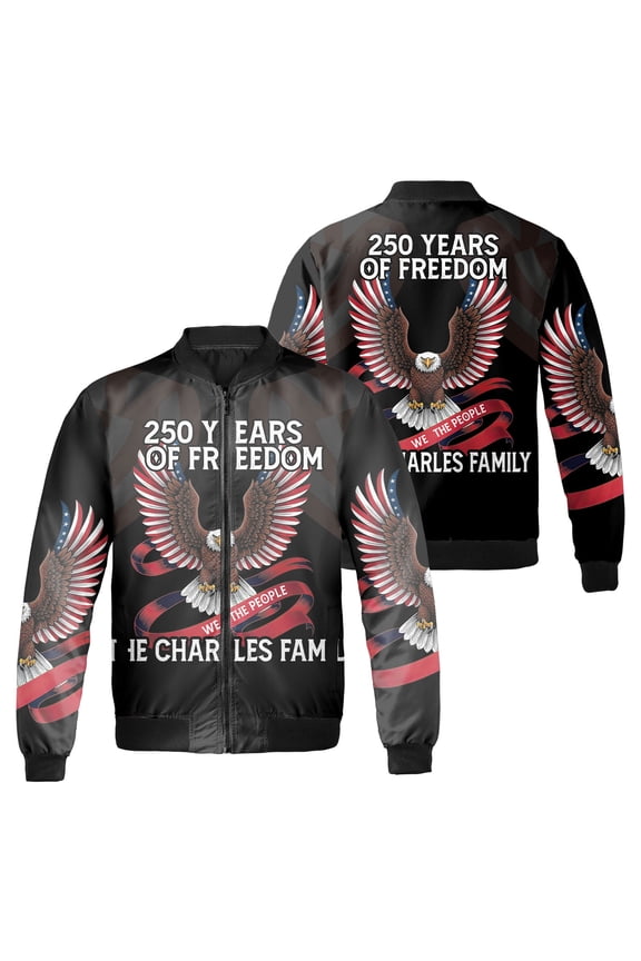 250 Years of Freedom Patriotic Jacket, Custom Family Name Bald Eagle Graphic - 1776–2026 USA Anniversary Bomber Jacket, Baseball Jacket - American Flag Independence Day Gift