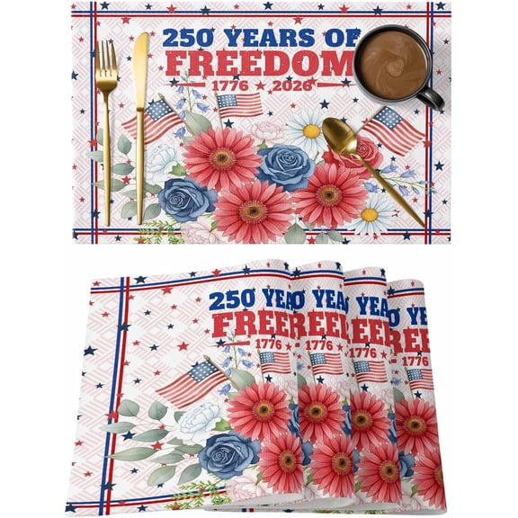 250 Years of Freedom Placemats Set of 2, Boho Patriotic Flowers American Flag Table Mats Washable Heat-Insulation Non-Slip Place Mats for Kitchen Dinner Table Indoor Outdoor Decor