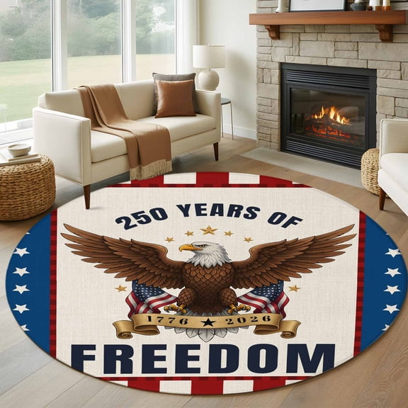 250 Years of Freedom Round Rugs for Living Room 7ft 4th of July Bald Eagle Usa Flag Star Stripe Non Slip Circle Rug Washable Low-Profile Indoor Carpet for Bedroom, Dining Room, Bathroom