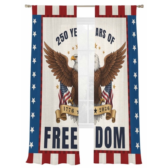 250 Years of Freedom Sheer Curtains 2 Panels Set 4th of July Bald Eagle Usa Flag Star Stripe Sheer Window Curtains Light Filtering Rod Pocket Voile Drapes for Bedroom Living Room 52"X84"