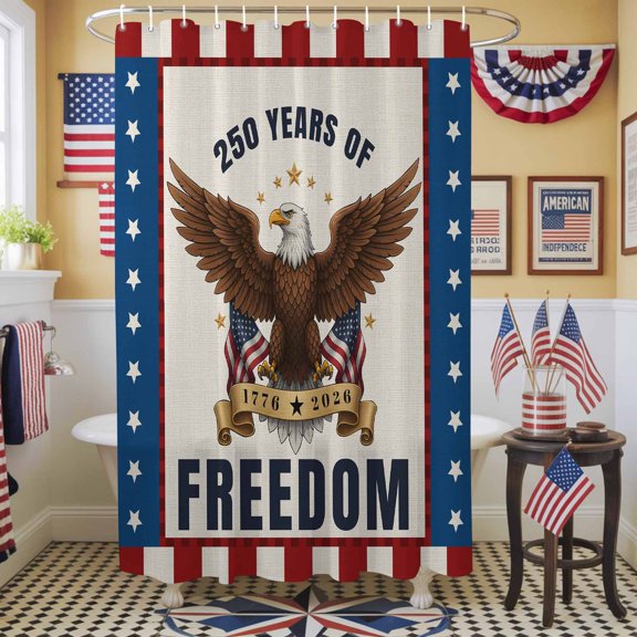 250 Years of Freedom Shower Curtain, 36" x 72", 4th of July Bald Eagle Usa Flag Star Stripe Waterproof Bathroom Curtain Washable Shower Curtain Set with 12 Hooks