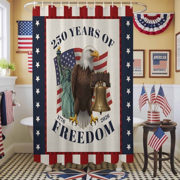 250 Years of Freedom Shower Curtain, 72" x 72", Independence Day Bald Eagle Star Stripe Waterproof Bathroom Curtain Washable Shower Curtain Set with 12 Hooks