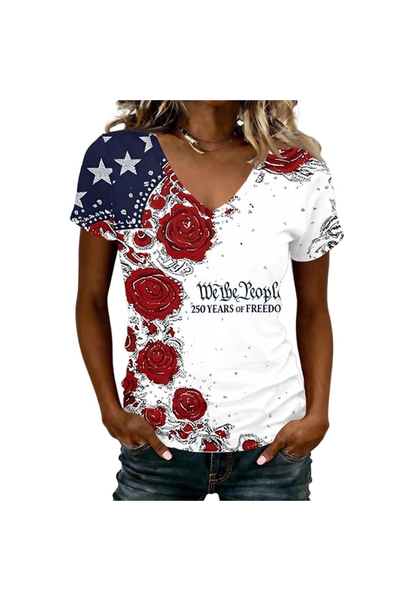 250 Years Of Freedom T-Shirts for Women Freedom American Flag Print V-Neck Comfy T-Shirts United States Relaxed Fit Cute Spring Summer T-Shirt,XL,#07 Pink