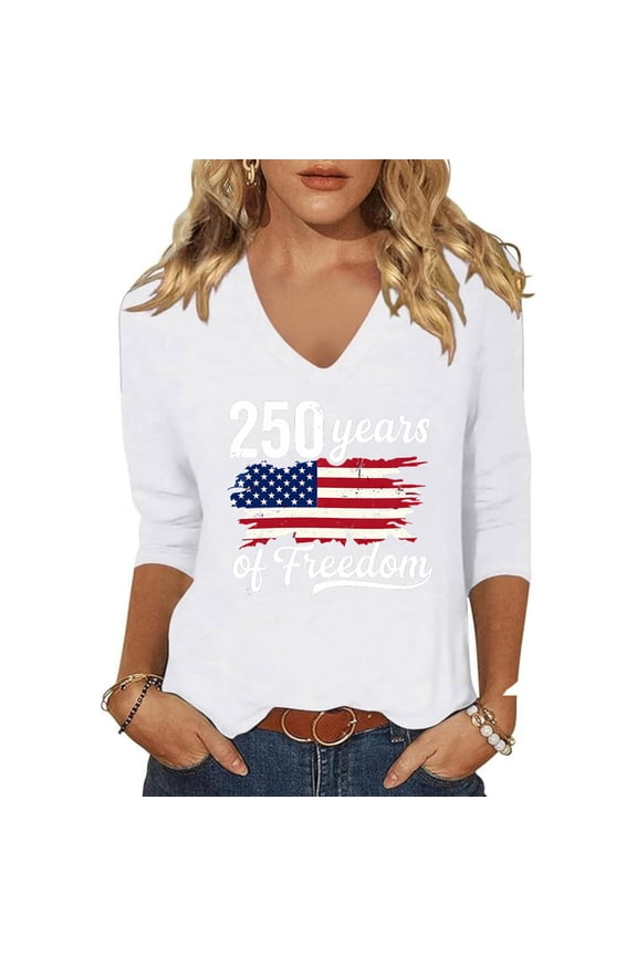 250 Years Of Freedom T-Shirts for Women Patriotic 3/4 Sleeve American Flag Print V-Neck Soft Tops Vintage Comfy Classic Fit Spring Summer Tees,XL,#06 White