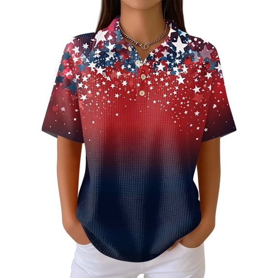250 Years Of Freedom T-Shirts for Women United States Patriotic Printed Button Down V-Neck Polo Shirts Patriotic Loose Fit Comfy Summer Daily Tees,L,#02 Dark Blue