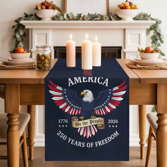 250 Years of Freedom Table Runner, 4th of July Patriotic Bald Eagle Cotton Linen Kitchen Table Decoration Washable Dining Tabletop Runners for Home Party Decor 13x72 Inches