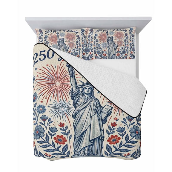 250 Years of Liberty 3 Piece Quilt Set King Size, Statue of Liberty Floral Firework Soft Bedspread Coverlet Bedding Set Microfiber Lightweight Comforter Set with 2 Pillowcases for Bedroom