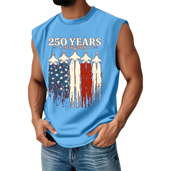 250 Years Mens Tank Top United States American Flag Print Sleeveless Crew Neck Vest Moisture Wicking Classic Fit Workout Daily Wear Vest Top, Light Blue, #01 Light Blue