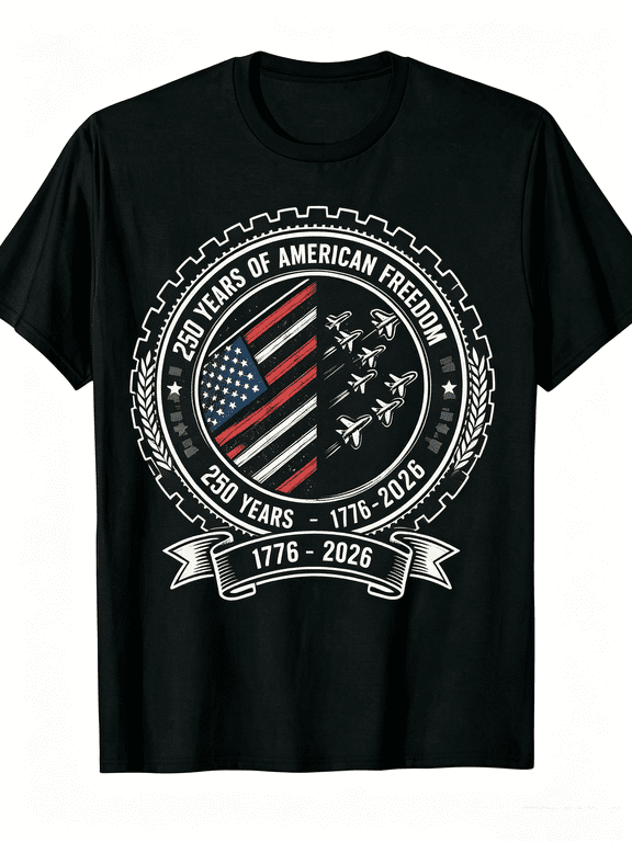 250 Years Of American Freedom 1776-2026 Vintage USA Flag Fighter Jet Gear Wreath Circle Patriotic Graphic Unisex T-Shirt