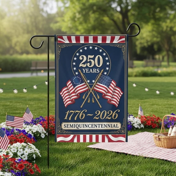250 Years Semiquincentennial Flag - Crossed American Flags, Vintage Patriotic Decor 12x18 POLE NOT INCLUDED Garden Flag