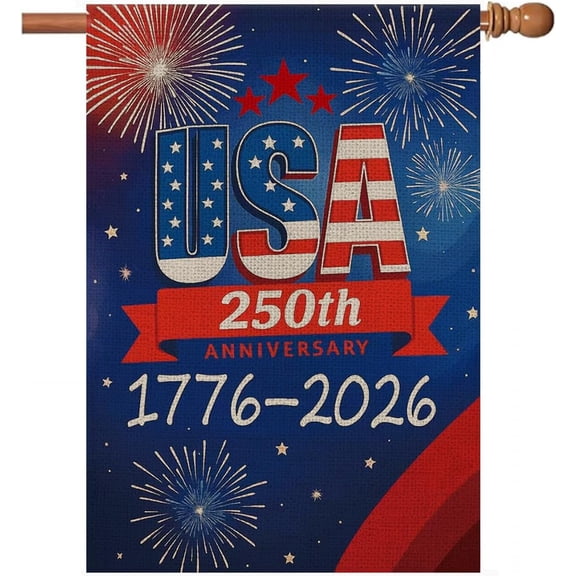 250 Years USA Garden Flag, 250 Anniversary USA Flag with Fireworks Design, 1776-2026 Patriotic 4th of July Yard Sign Double-Sided Waterproof Flag 28x40 Inch
