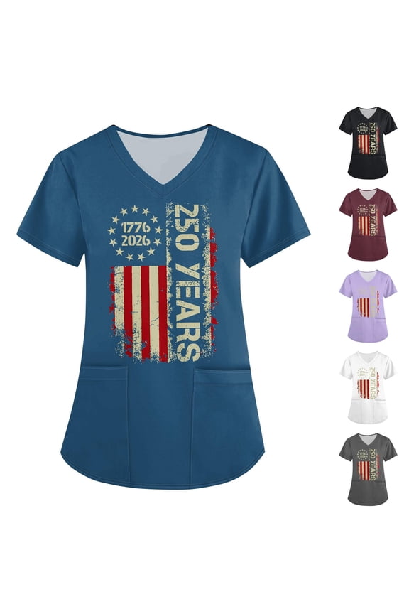 250 Years Vertical Text V-Neck Tee with "1776-2026" Star Circle and Distressed Flag, Dual Front Pockets for Practical Style Blue L