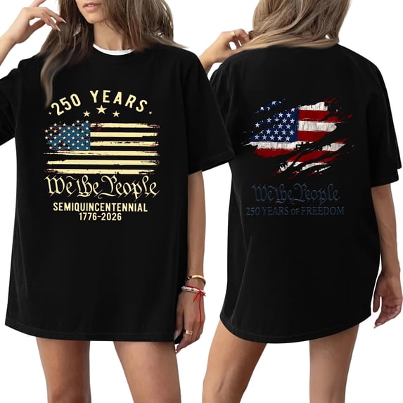 250 Years We The People Semiquincentennial 1776 2026 Oversized Short Sleeve T Shirt American Flag Print Top Black L