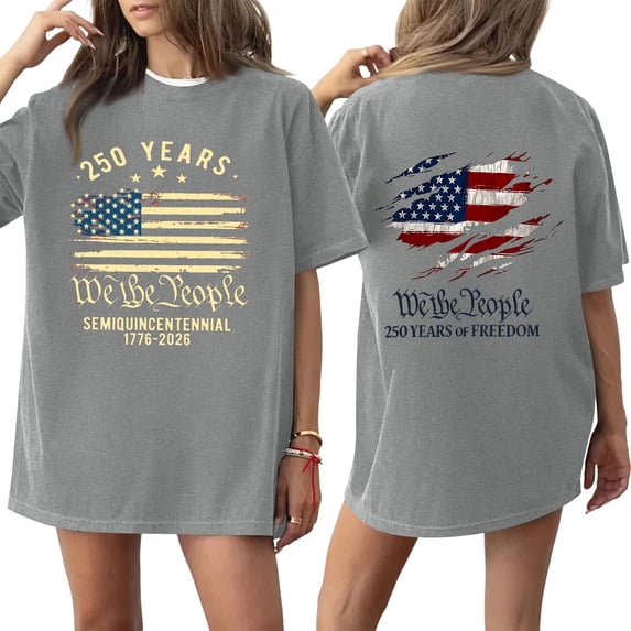 250 Years We The People Semiquincentennial 1776 2026 Oversized Short Sleeve T Shirt American Flag Print Top Gray L