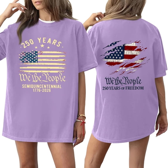 250 Years We The People Semiquincentennial 1776 2026 Oversized Short Sleeve T Shirt American Flag Print Top Purple S