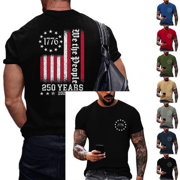 250 Years of America T-Shirt for Men Crewneck Short Sleeve Patriotic Flag Graphic Independence Day Casual 2026 Earthy Yellow 3XL