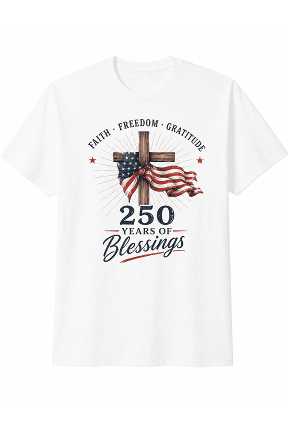 250 Years of Blessings Faith Freedom Gratitude Christian Patriotic Cross T-Shirt for Men Women Independence Day Graphic Tee