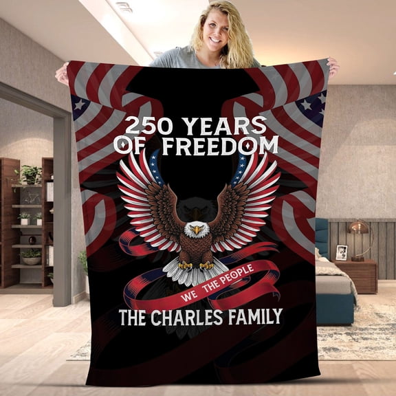 250 Years of Freedom Blanket, Custom Family Name Patriotic Eagle Blanket, USA Independence Day Fleece and Sherpa Blanket