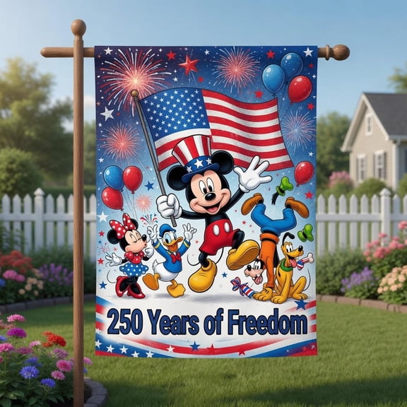 250 Years of Freedom Mickey Mouse Garden Flag, Patriotic 4th of July Yard Banner, America 250th Anniversary Outdoor Decor