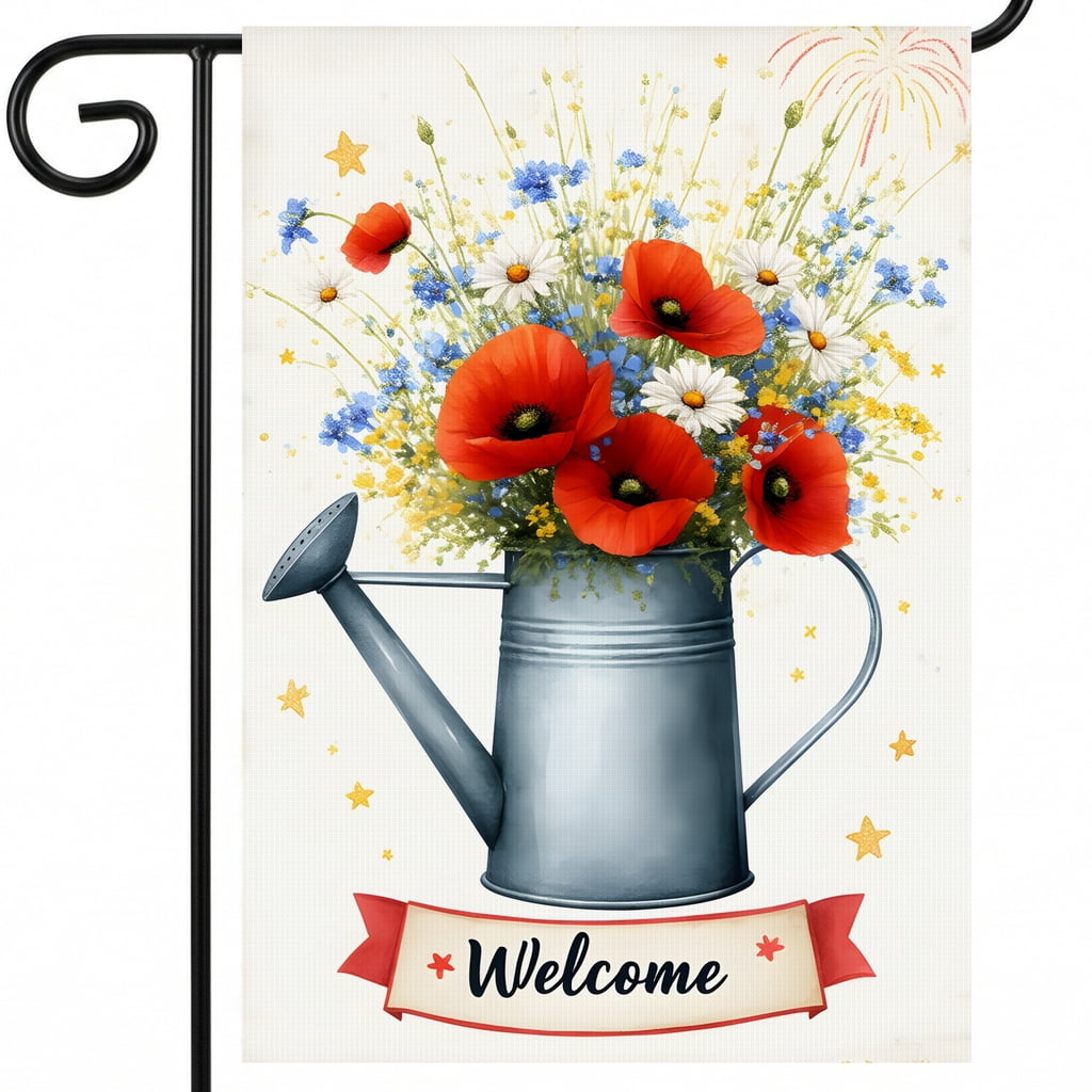 250 anniversary garden flag A watering can filled with red and white flowers. Welcome usa flag decor 28x40 Inch Decorative Size fourth of july decorations outdoor