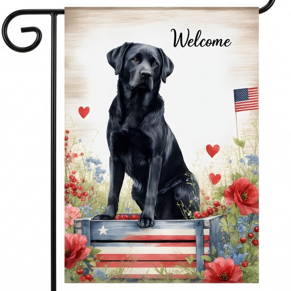 250 anniversary usa garden flag A black labrador retriever sitting on top of a wooden crate. Welcome 250th anniversary 28x40" Home Banner Size red white and blue outdoor decor